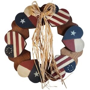Patriotic Wreath Wooden Hearts American Texas Flag Door Wall Decor Cottagecore